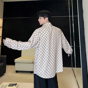 韩版棋盘格印花长袖宽松衬衫男P75图片