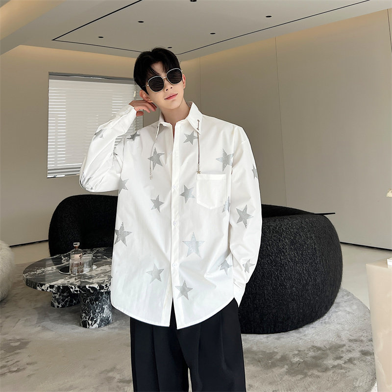 韩版满天星印花潮流小心机衬衫领口金属挂饰上衣男P85,男装衬衫,星座1009（原B233）