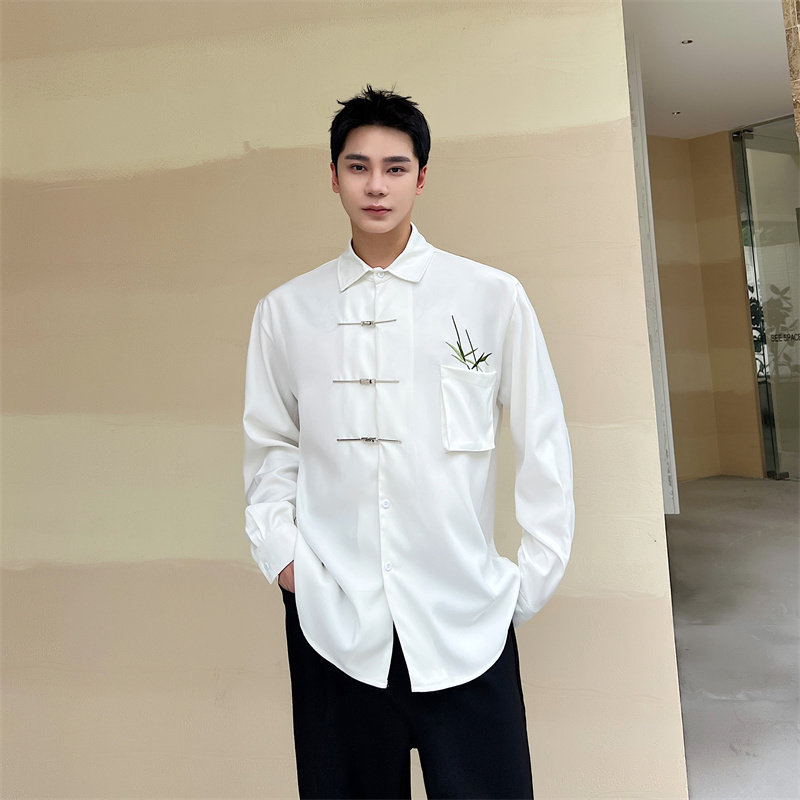 新中式立体口袋翠竹绣花金属扣衬衫男P95,男装衬衫,星座1009（原B233）