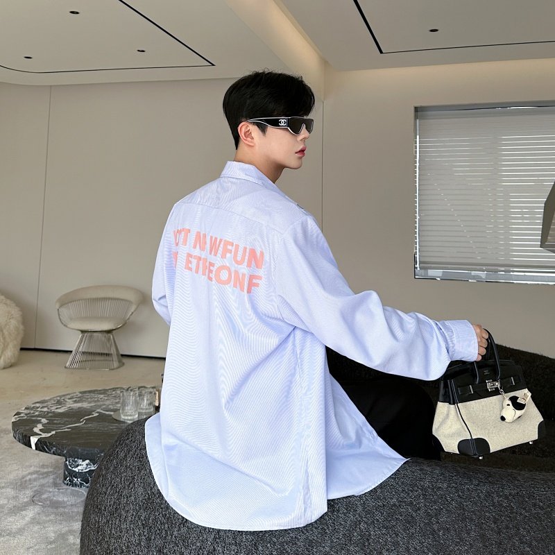 设计感小众印花蓝色条纹衬衫韩版春夏宽松上衣P80，男装衬衫，星座1009（原B233）