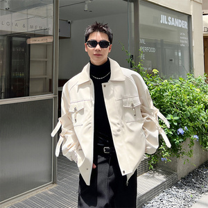 结构型时尚朋克风多口袋机车PU皮衣男P165图片