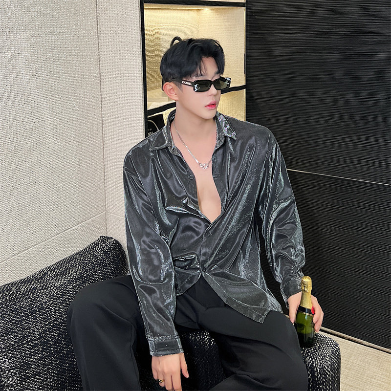 未来感液态金属多变闪亮设计感时尚百搭宽松夜店风男女款衬衫P75,男装衬衫,星座1009（原B233）