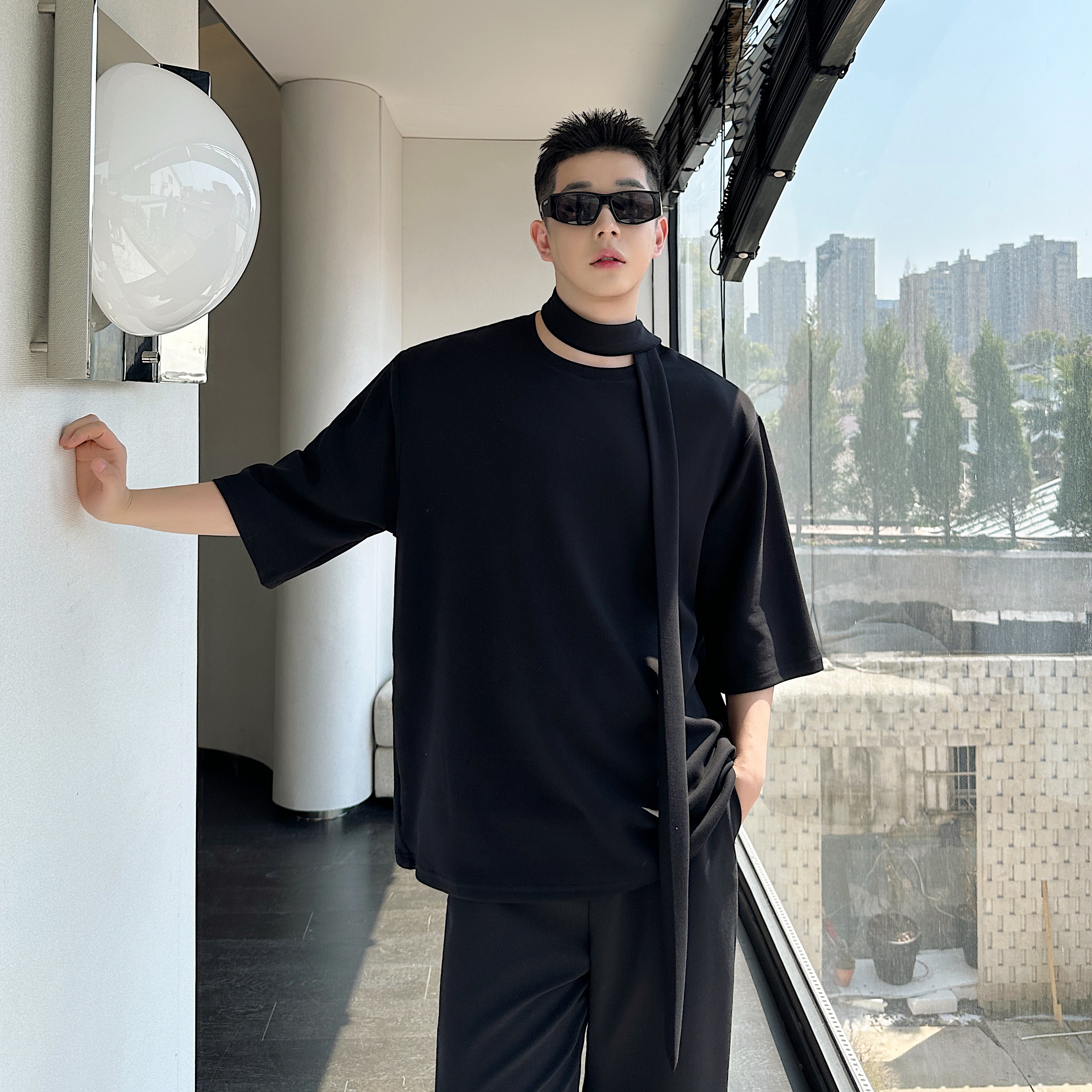 夏季简约韩版纯色休闲百搭短袖宽松短袖带飘带T袖P55，男装T恤，电商B233