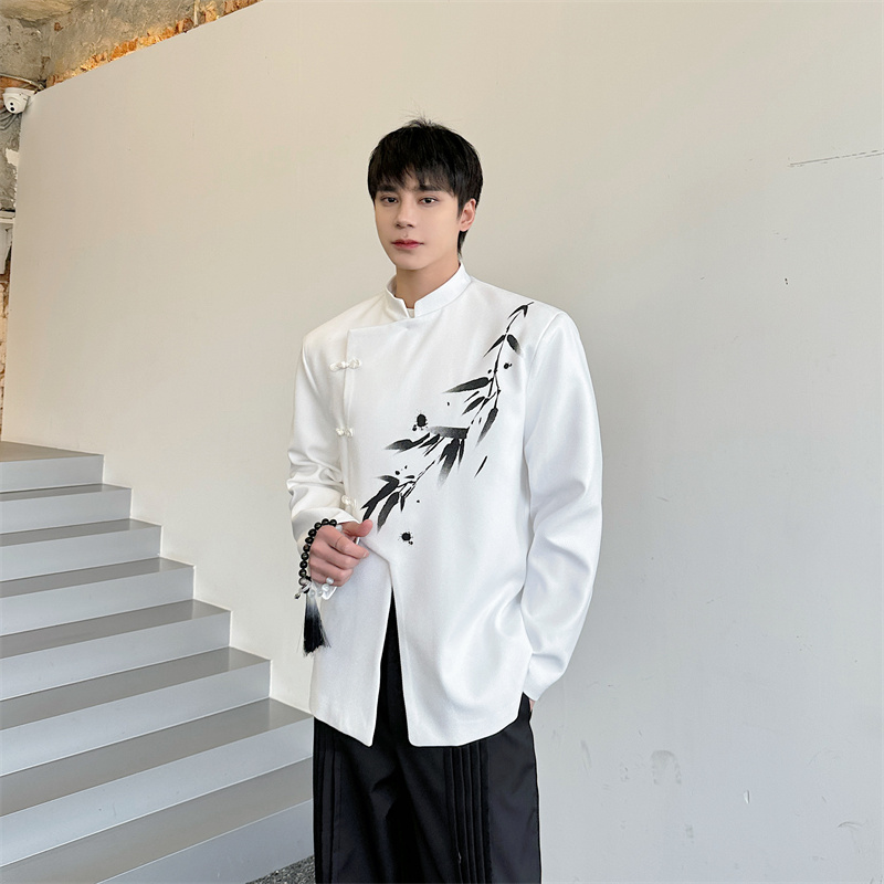 风新中式订婚舞台服水墨竹子印花斜门襟盘扣中山装外套男P135，男装民族服装，星座1009（原B233）