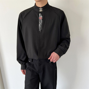 新中式刺绣立领衬衫男女同款风汉服上衣男P85图片
