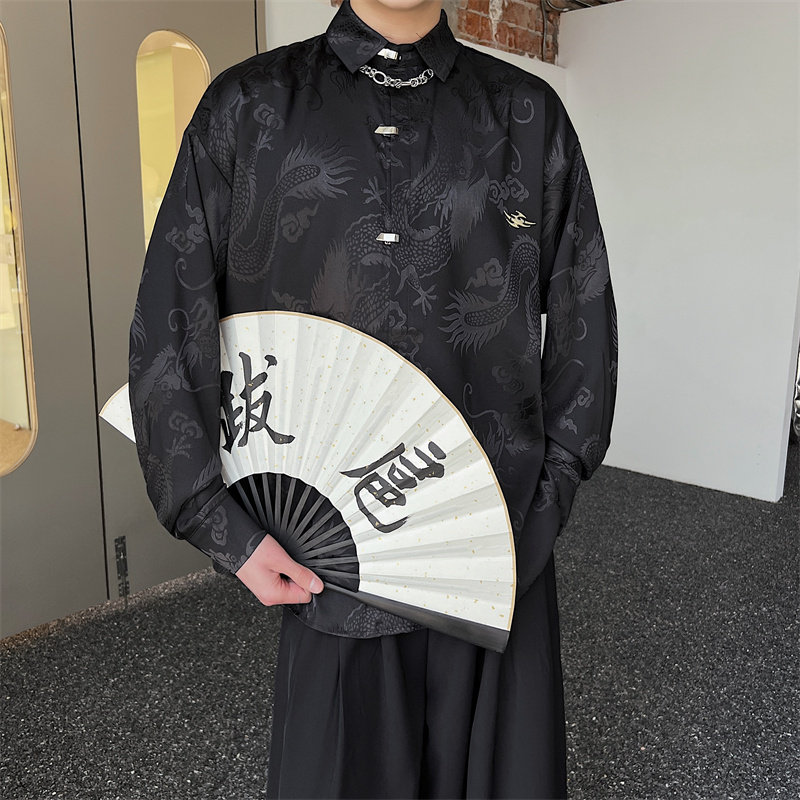 小众新中式龙纹提花丝光免烫金属对扣暗黑禁欲系中性宽松衬衫P95,男装衬衫,星座1009（原B233）