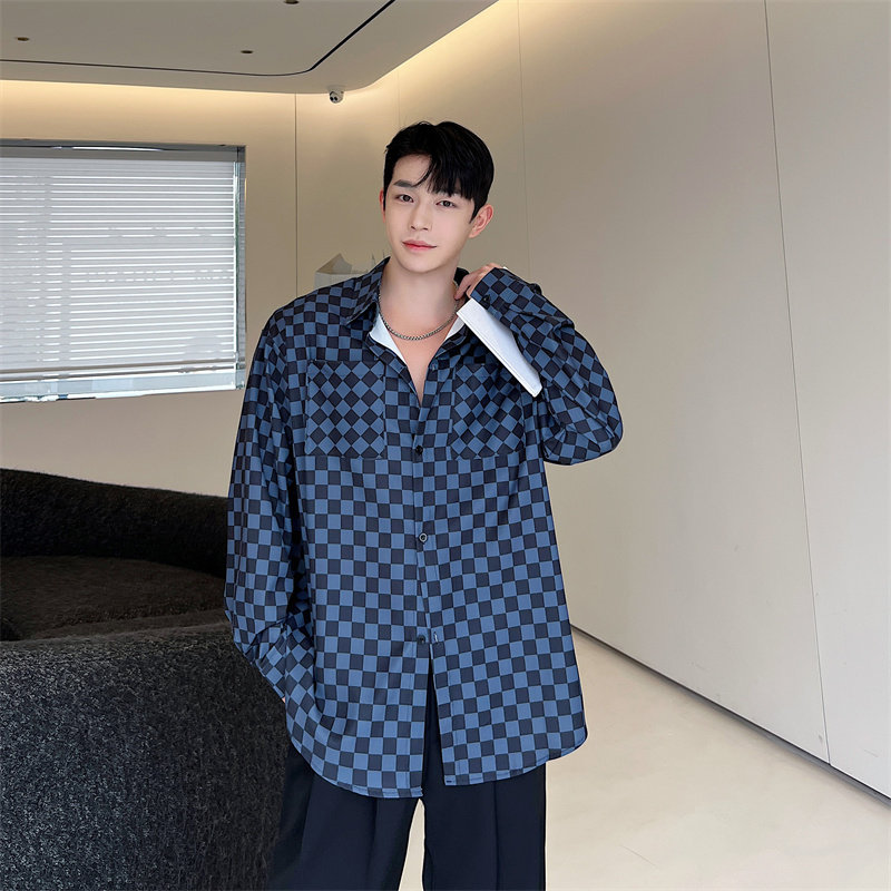 韩版棋盘格印花长袖宽松衬衫男P75,男装衬衫,星座1009（原B233）
