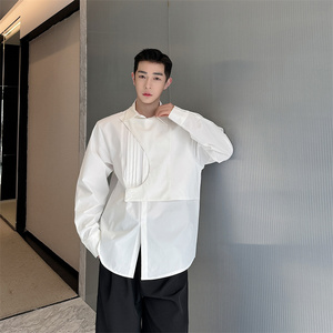 韩版结构型衬衫男小众设计感潮流黑白长袖上衣男P85图片