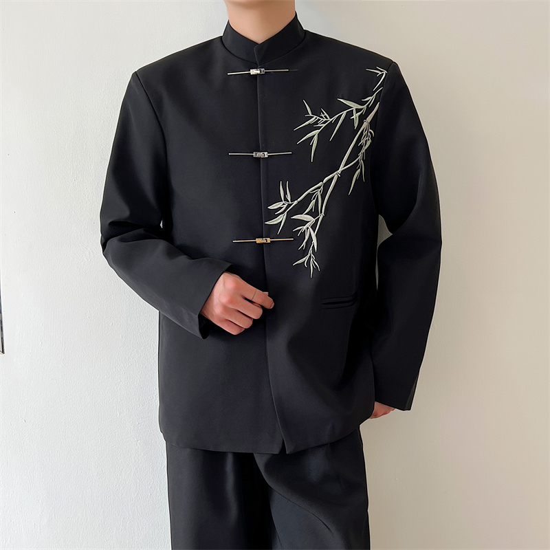 新中式立领翠竹民族风唐装外套男飞机扣手工西服外套P135，男装民族服装，星座1009（原B233）