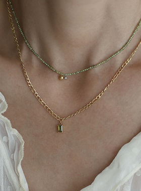 不掉色！橄榄绿色系串珠手工锆石项链简约金银撞色复古叠戴毛衣链