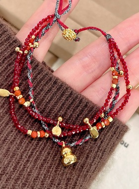 高品质小众多层金色葫芦红绳手链