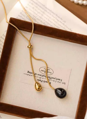 小众设计水滴抽拉黑色长款项链
