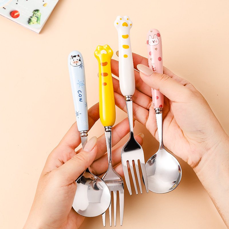 宝宝专用叉子勺子不锈钢陶瓷叉勺可爱兔子刀叉儿童粉色冰淇淋勺