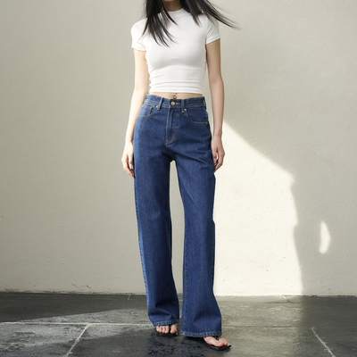 GUS经典深蓝色直筒牛仔裤 窄版阔腿裤全棉无弹水洗长裤女春秋新款