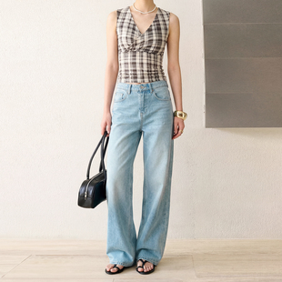 浅蓝复古垂感宽松女 直筒阔腿长裤 GUS夏季 醋纤莱赛尔棉柔软牛仔裤