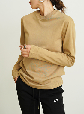 GUS酵洗工艺全棉T恤女奢牌开版小圆领长袖合肩宽松上衣纯色打底衫