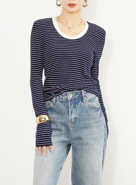 【法式阳光】 条纹弹力打底衫 显瘦显白上衣长袖T恤 法式休闲慵懒