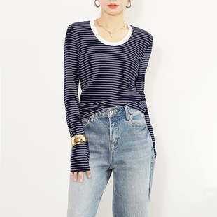 法式 T恤 阳光 显瘦显白上衣长袖 休闲慵懒 条纹弹力打底衫