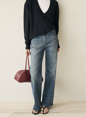 GUS复古深蓝窄版直筒阔腿牛仔裤 土耳其进口面料手工猫须洗水长裤