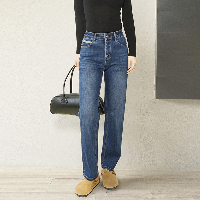 GUS秋冬加绒磨毛法棍裤四面弹 经典深蓝植绒直筒弹力薯条厚牛仔裤