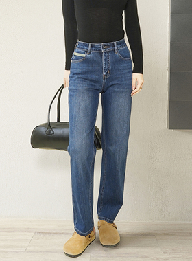 GUS秋冬加绒磨毛法棍裤四面弹 经典深蓝植绒直筒弹力薯条厚牛仔裤