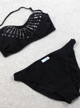 F315外贸原单高品质时尚黑色钉珠抹胸聚拢款比基尼性感泳衣