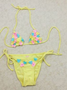 F315外贸原单高品质时尚可爱女童黄色花朵系带比基尼温泉泳装特价