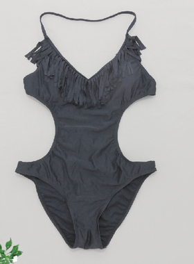 F160外贸原单高品质时尚黑色遮肚显瘦性感连体泳衣带胸垫L号