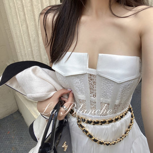 La Blanche奶白色鱼骨蕾丝拼接束腰纯欲抹胸上衣女辣妹内搭背心