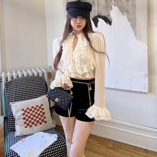 La Blanche 法式小香风褶皱花边领气质千金丝纺衬衣喇叭袖短上衣