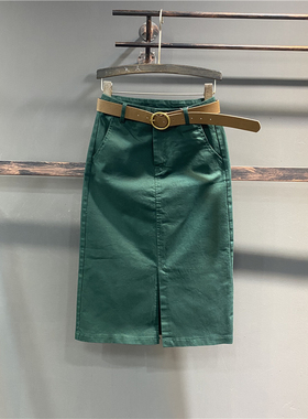 绿色半身裙女高腰欧洲站2023新款秋冬修身开叉直筒中长款包臀裙子