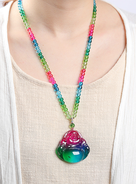 天然老矿巴西西瓜碧玺雕刻佛公吊坠搭配彩虹碧玺珠链女吊坠毛衣链