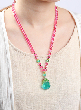 天然巴西老矿碧玺雕刻貔貅搭配彩虹西瓜碧圆珠卢比来鸽血红毛衣链