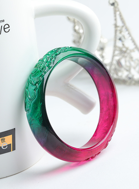 天然巴西老矿西瓜碧玺雕刻牡丹花红绿双色原创民族风鸽血红女手镯