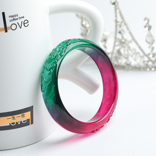 天然巴西老矿西瓜碧玺雕刻牡丹花红绿双色原创民族风鸽血红女手镯