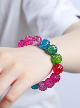 天然原矿巴西帕拉伊巴蓝鸽血红祖母绿碧玺三色雕刻莲花女士款手链