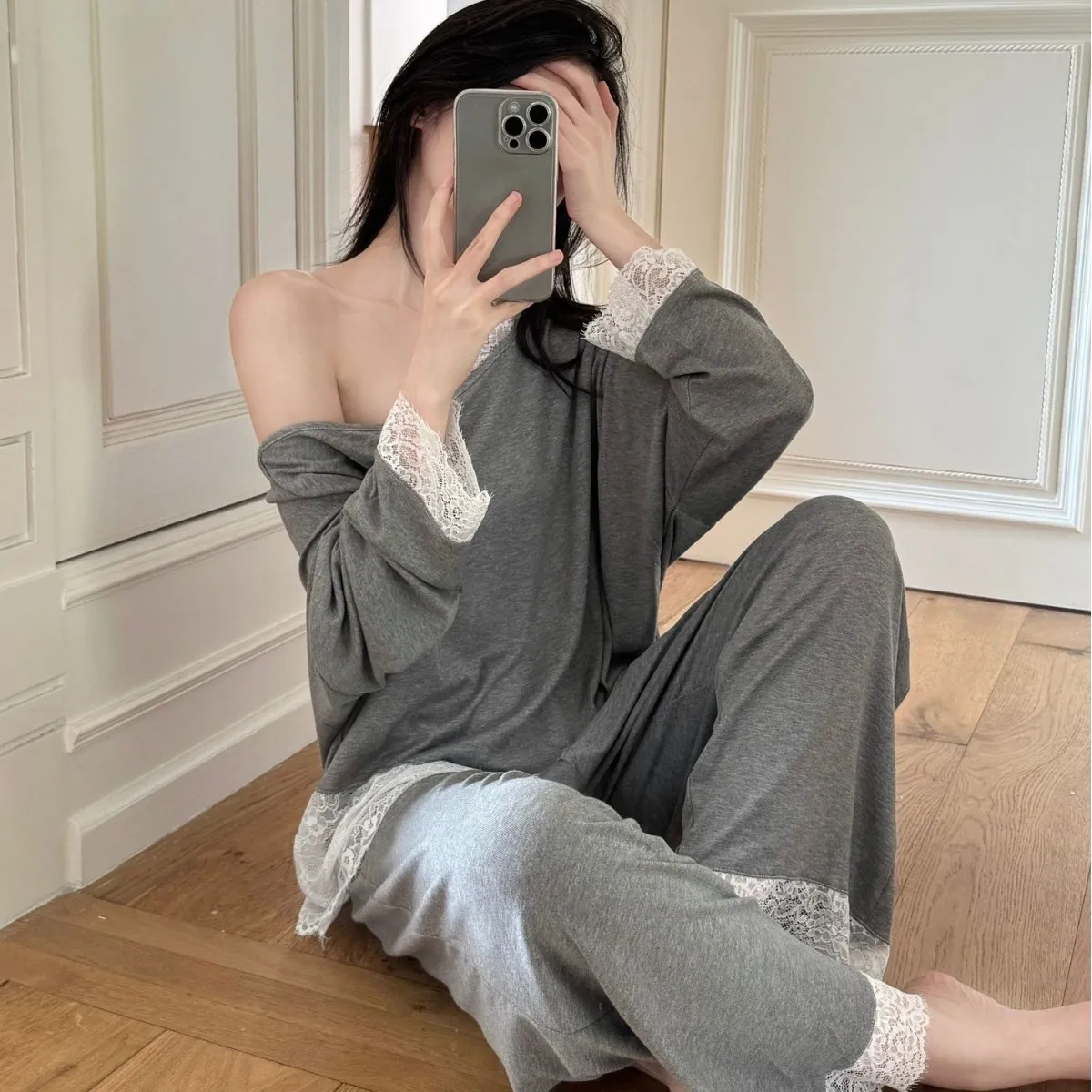 2025新品纯色睡衣女秋款蕾丝边套头漏肩长袖长裤纯欲可爱宽松家居