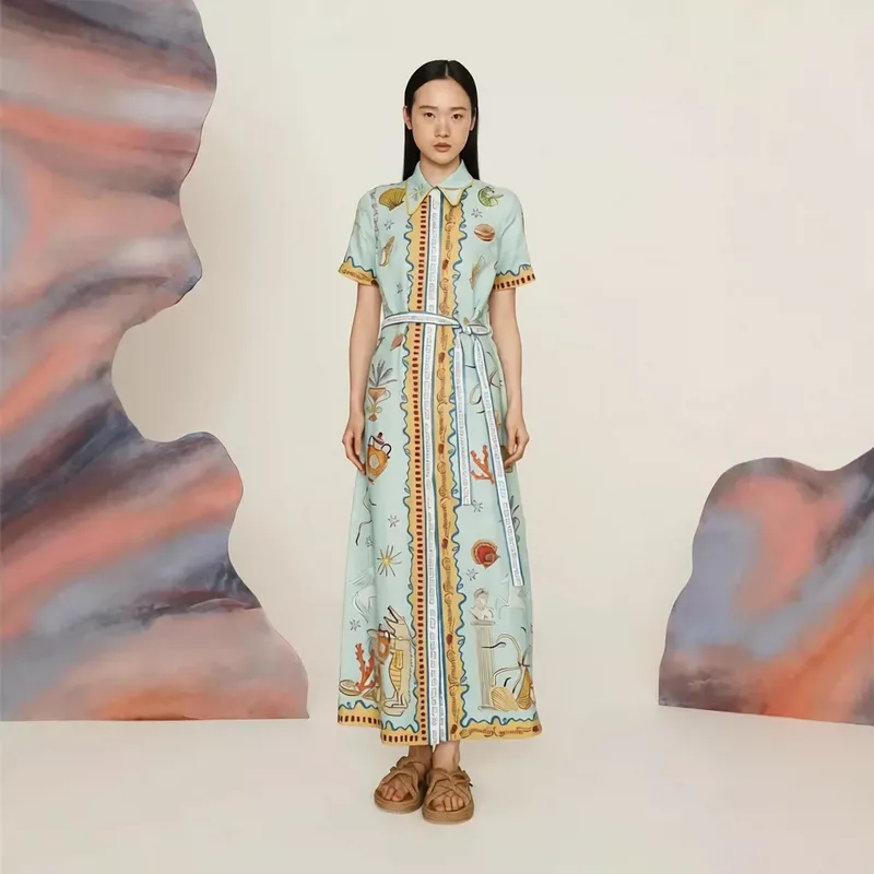 欧美独立站速卖通个性涂鸦灯笼袖开衫休闲时尚亚麻连衣裙