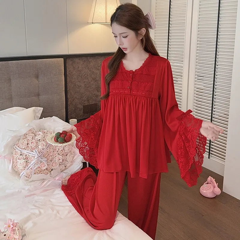 新款法式宫廷风冰丝红色睡衣女高级感蕾丝花边甜美家居服大码套装