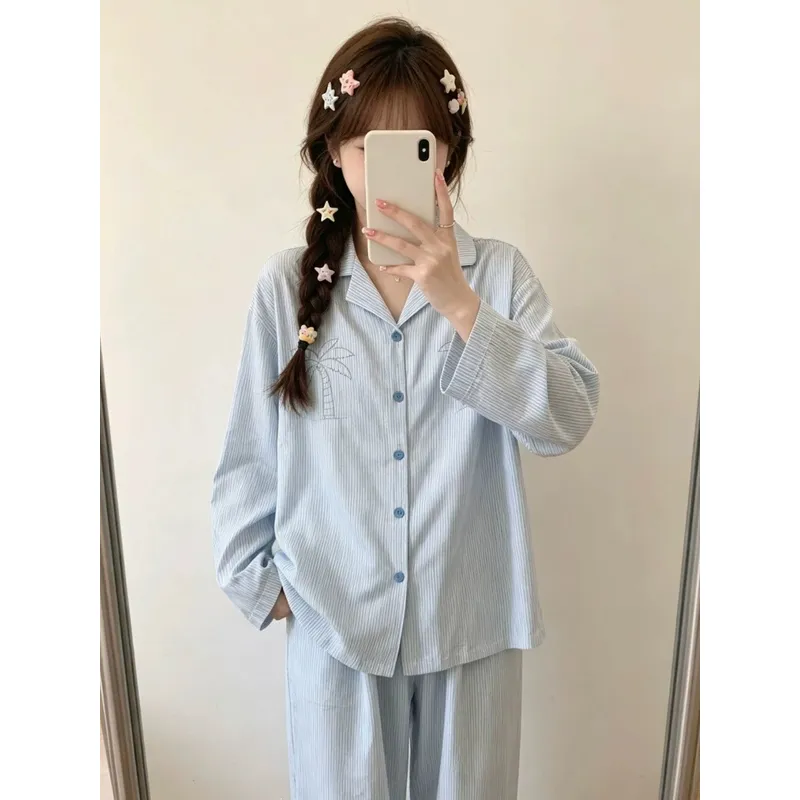 6550蓝色椰树2026年春秋季新款睡衣女网红风韩版长袖家居服套装