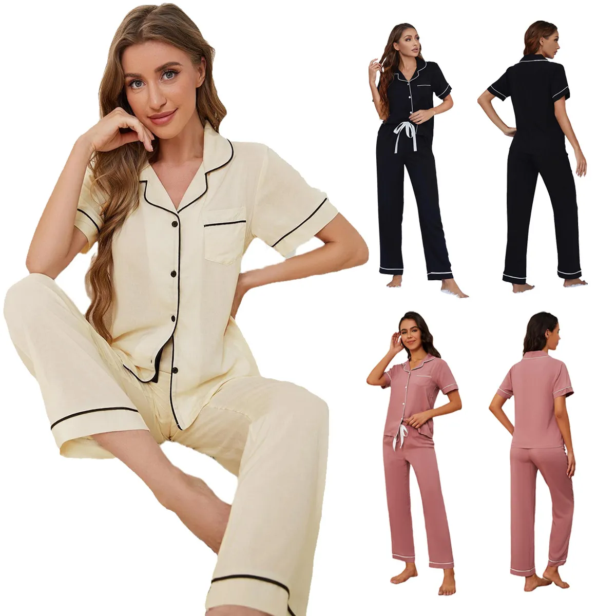 欧美外贸跨境睡衣女款春夏季短袖长裤两件套家居服亚马逊pajamas