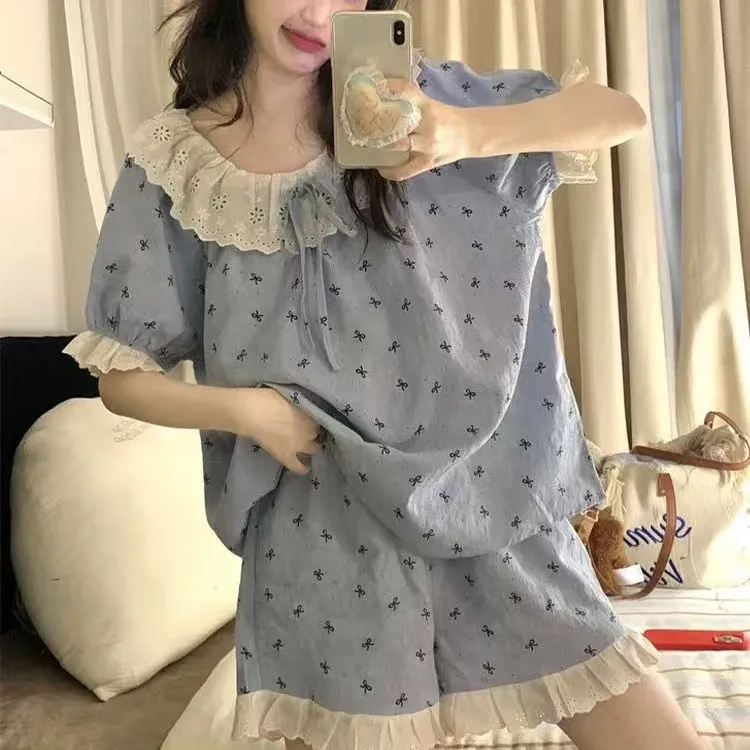 蓝色花边蝴蝶结睡衣女夏季短袖短裤薄款套装日系美家居服套装