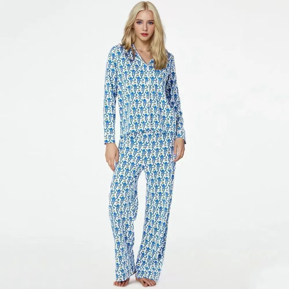 2025秋季爆款欧美家居服长袖印花Polo休闲套装跨境外贸女士睡衣套