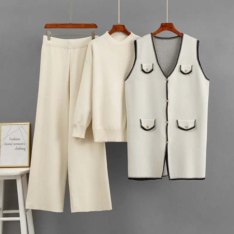 2025跨境秋冬时尚休闲套装毛织宽松上衣+长款背心+运动阔腿裤三件