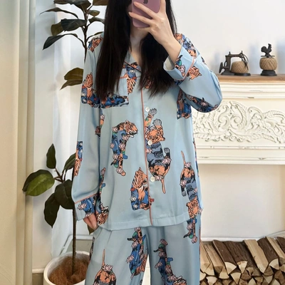 冰丝睡衣套装女春夏季小老虎印花薄款凉长袖长裤高级感缎面家居服