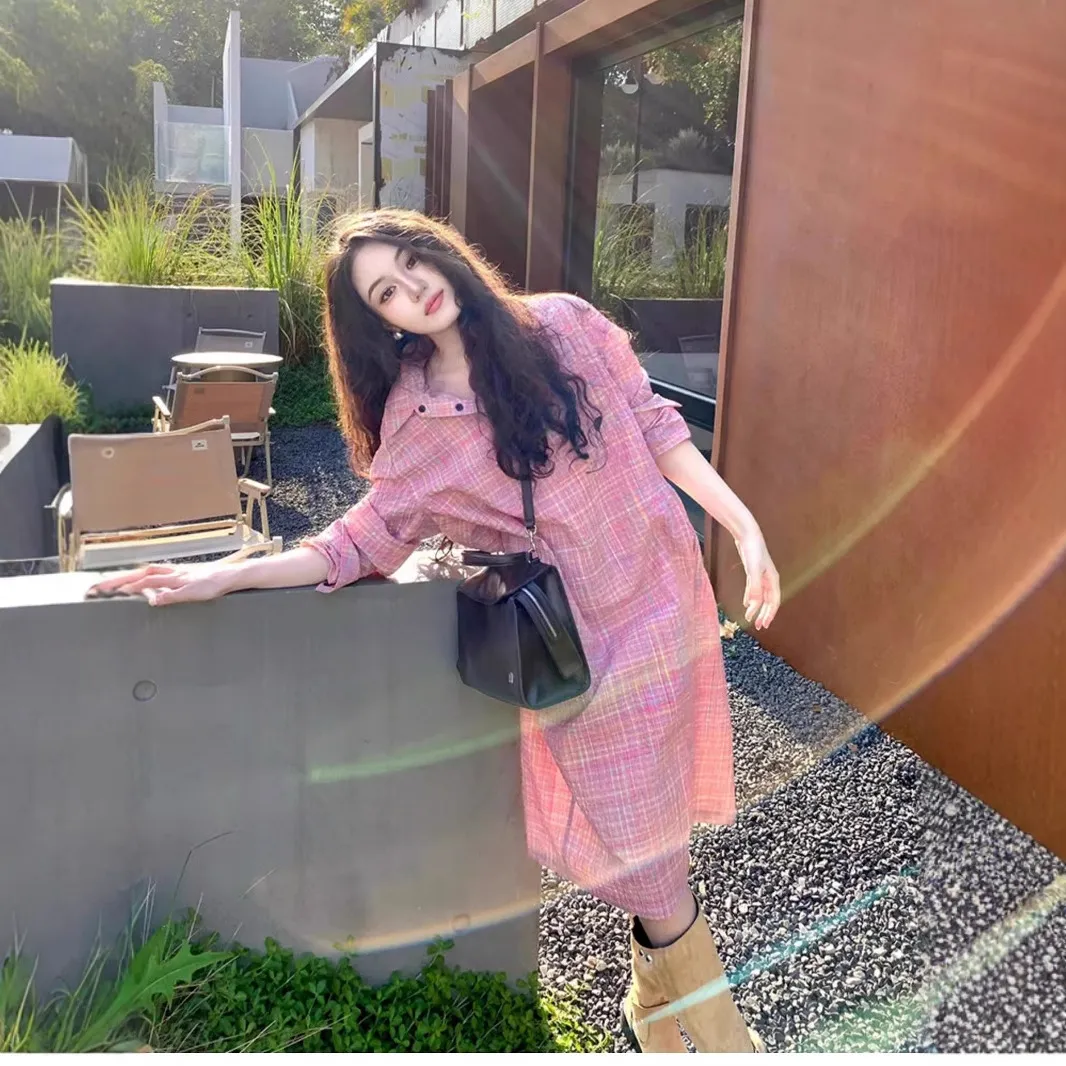 小众设计感彩色格子甜美风宽松显瘦百搭绝美裙子减龄polo领衬衫裙