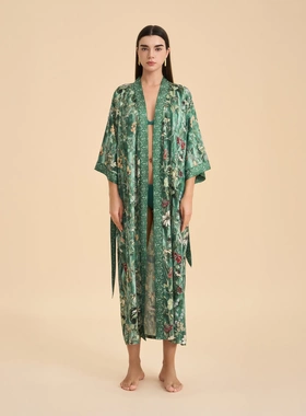 耀婷欧美跨境长袖睡衣女士长款宽松舒适和服睡袍印花家居服WP3982