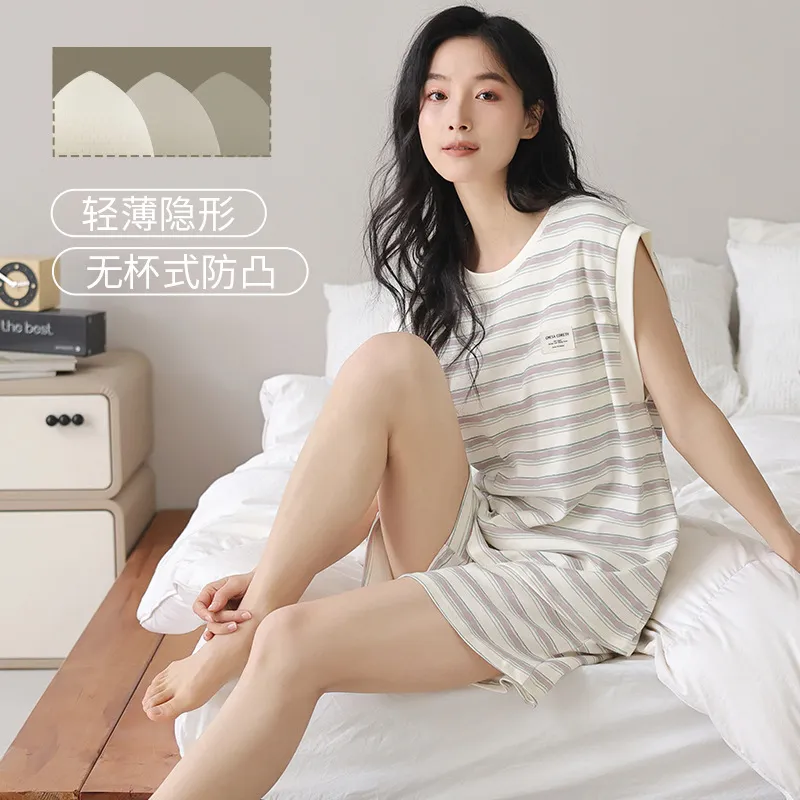 带胸垫一体弹力纯棉背心睡衣女款2025新款夏季无袖家居服外穿条纹