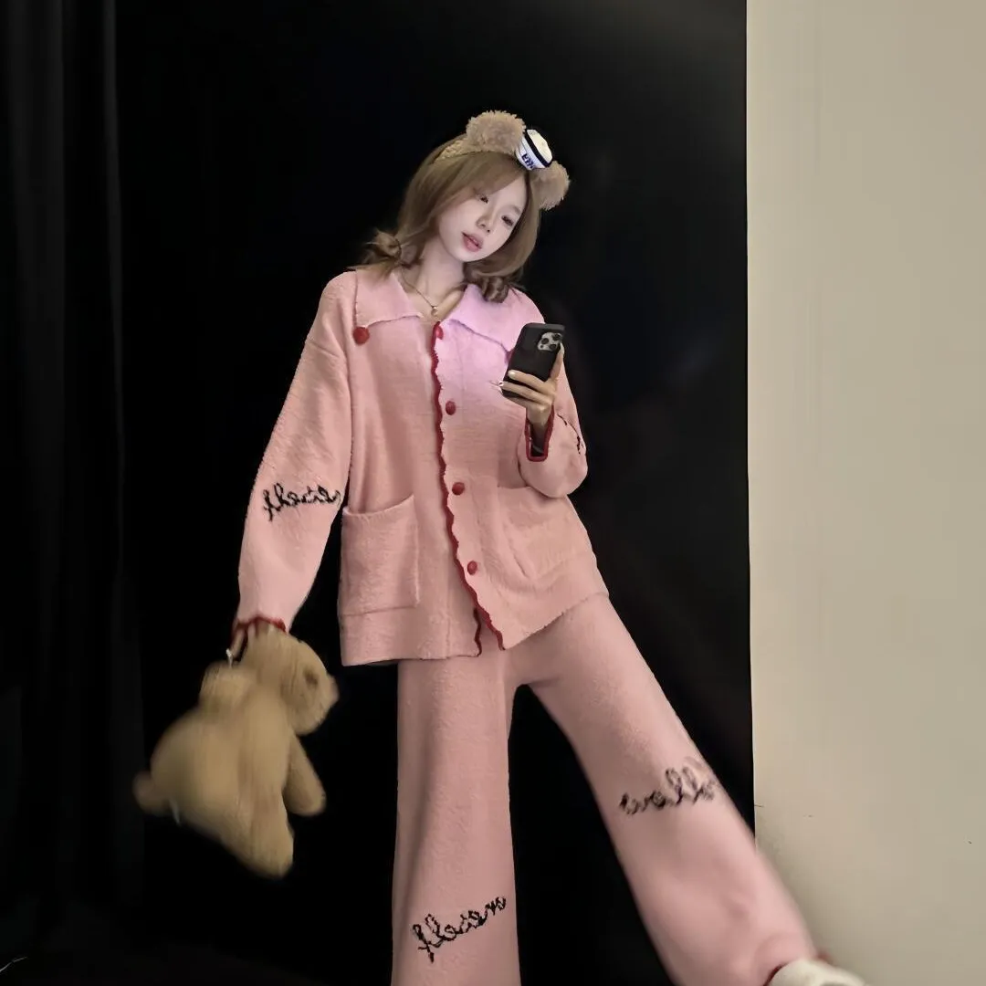 韩版设计感半边绒睡衣女秋冬新款加绒加厚保暖家居服套装外穿