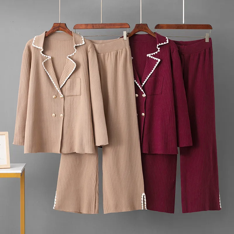 跨境俄罗斯秋冬开衫时尚休闲套装毛织宽松上衣+运动阔腿裤两件套